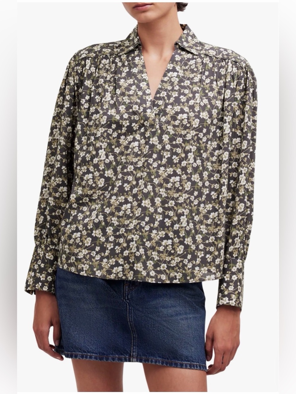 Madewell Small (2) Easy Long Sleeve Gray White Floral Shirt